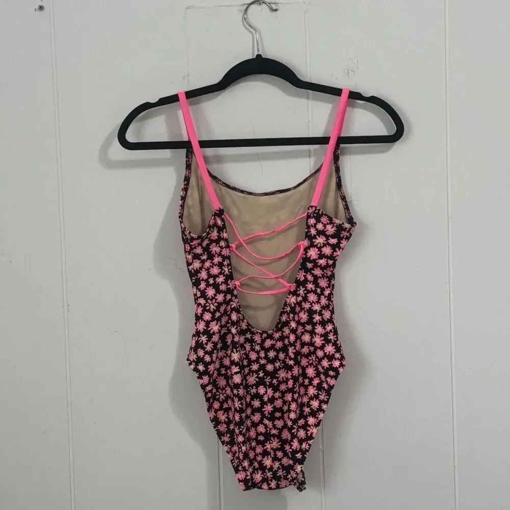 Vintage Pacific Connections Neon Pink Daisy‎ One Piece Swimsuit Medium